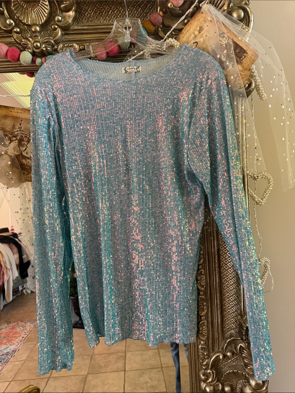 Free People Turquoise Blue Sequin Top New Large